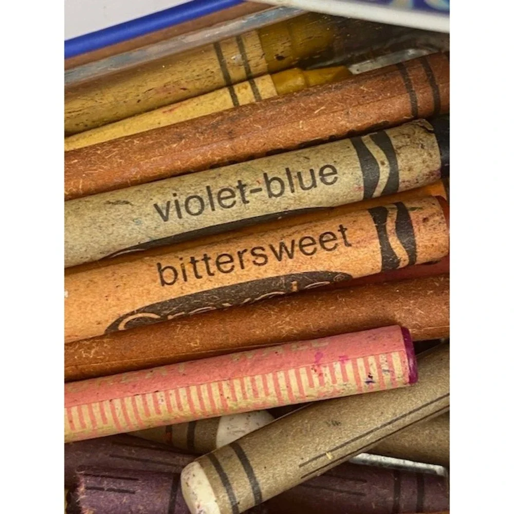 Vintage Crayola Gray Drug Crayon Collection in Daher Winter Farm Scene Metal Tin